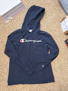 Champion Navy Hoodie with White Script Logo